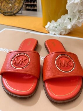 Michael Kors Bright Leather Orange MK Logo Slide Sandals